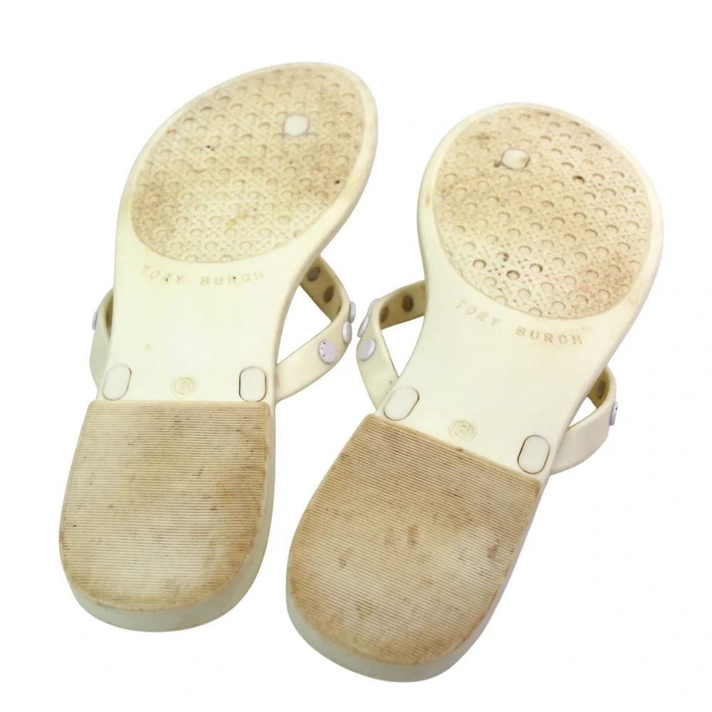Tory Burch OF WHITE PVC FLAT BEACH SHOES FLIP FLOPS TONG SANDALS Sz 8